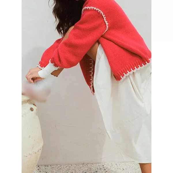 imagechouyatou Womens Fall Contrast Color Striped Button Down Cardigan Sweater Casual Oversized Chunky Knit CardiganRed