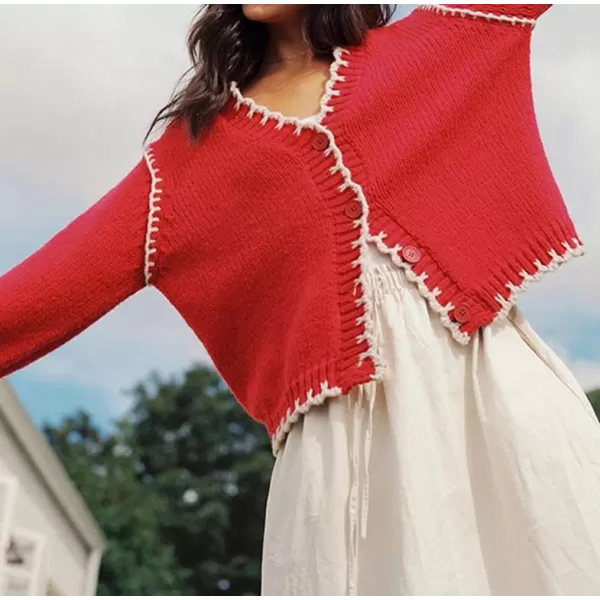 imagechouyatou Womens Fall Contrast Color Striped Button Down Cardigan Sweater Casual Oversized Chunky Knit CardiganRed