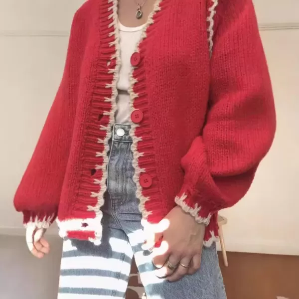 imagechouyatou Womens Fall Contrast Color Striped Button Down Cardigan Sweater Casual Oversized Chunky Knit CardiganRed
