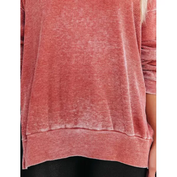 imagechouyatou Womens Fall Oversized Waffle Knit Long Sleeve Pullover Sweatshirt Tops with Side SlitRed