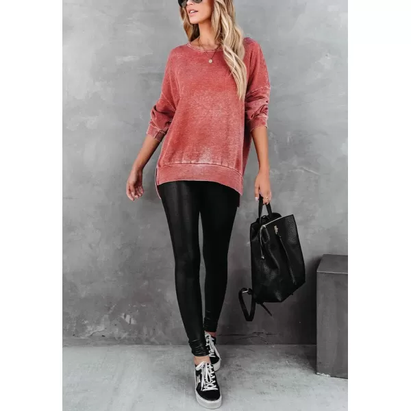 imagechouyatou Womens Fall Oversized Waffle Knit Long Sleeve Pullover Sweatshirt Tops with Side SlitRed