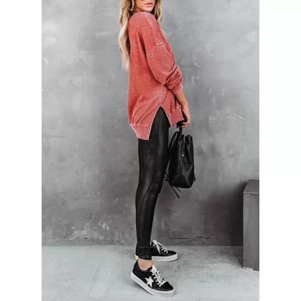 imagechouyatou Womens Fall Oversized Waffle Knit Long Sleeve Pullover Sweatshirt Tops with Side SlitRed