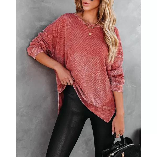 imagechouyatou Womens Fall Oversized Waffle Knit Long Sleeve Pullover Sweatshirt Tops with Side SlitRed