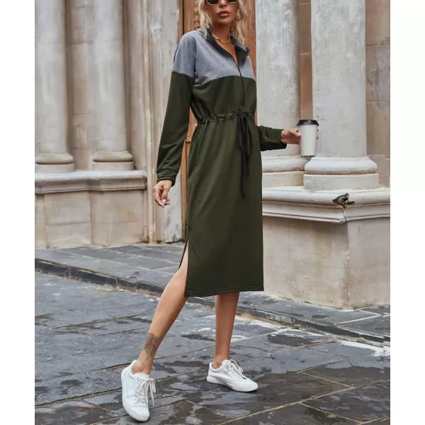 imagechouyatou Womens Half Zip Color Block Drawstring Waist Side Slit Long Sleeve Sweatshirt Long DressArmy Green