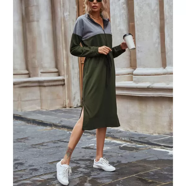 imagechouyatou Womens Half Zip Color Block Drawstring Waist Side Slit Long Sleeve Sweatshirt Long DressArmy Green