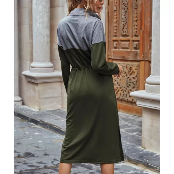 imagechouyatou Womens Half Zip Color Block Drawstring Waist Side Slit Long Sleeve Sweatshirt Long DressArmy Green