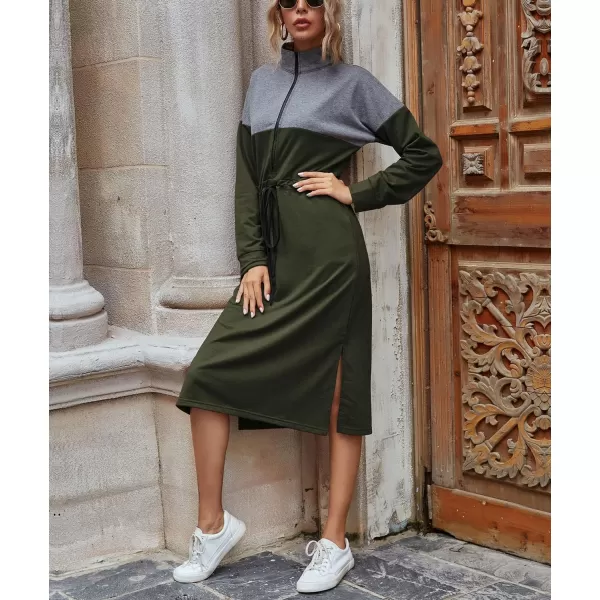 imagechouyatou Womens Half Zip Color Block Drawstring Waist Side Slit Long Sleeve Sweatshirt Long DressArmy Green