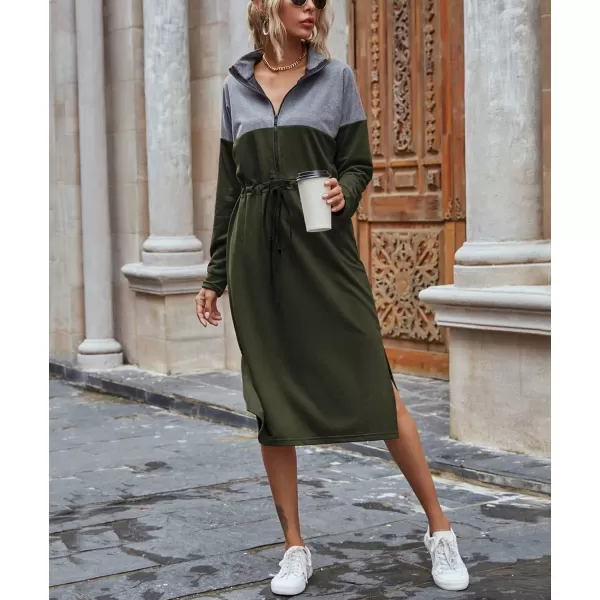 imagechouyatou Womens Half Zip Color Block Drawstring Waist Side Slit Long Sleeve Sweatshirt Long DressArmy Green