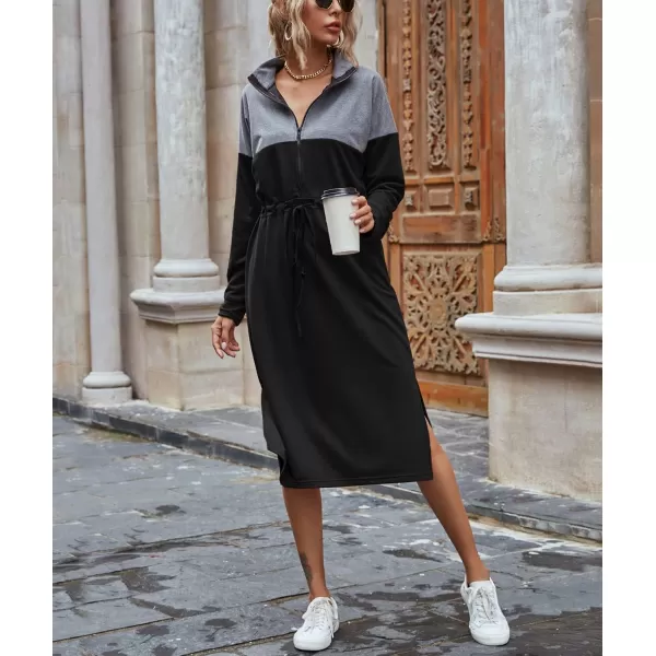 imagechouyatou Womens Half Zip Color Block Drawstring Waist Side Slit Long Sleeve Sweatshirt Long DressBlack