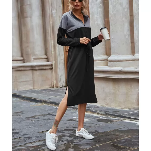 imagechouyatou Womens Half Zip Color Block Drawstring Waist Side Slit Long Sleeve Sweatshirt Long DressBlack