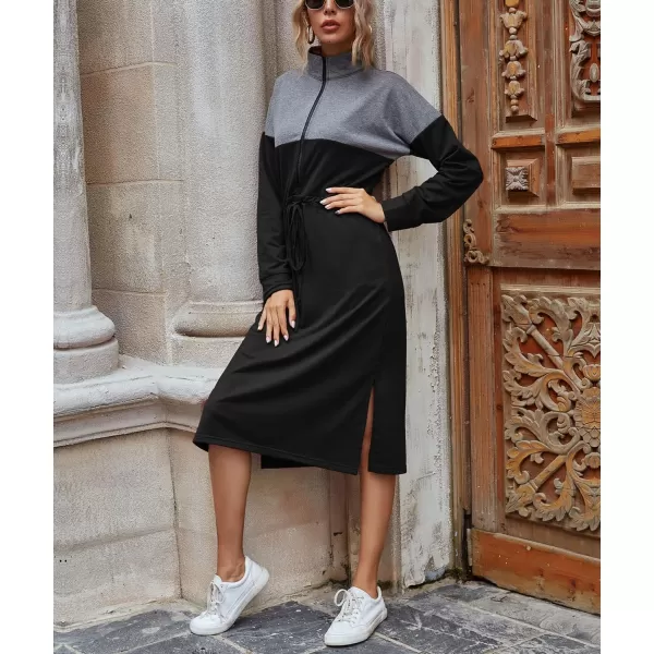 imagechouyatou Womens Half Zip Color Block Drawstring Waist Side Slit Long Sleeve Sweatshirt Long DressBlack