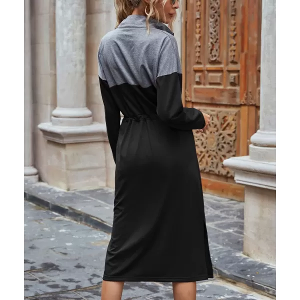 imagechouyatou Womens Half Zip Color Block Drawstring Waist Side Slit Long Sleeve Sweatshirt Long DressBlack