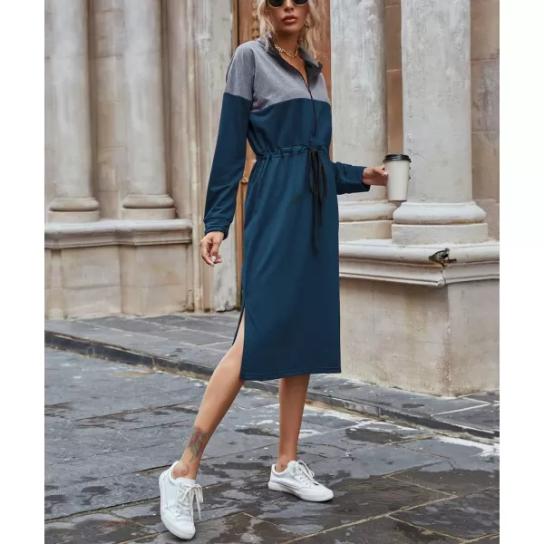 imagechouyatou Womens Half Zip Color Block Drawstring Waist Side Slit Long Sleeve Sweatshirt Long DressNavy Blue