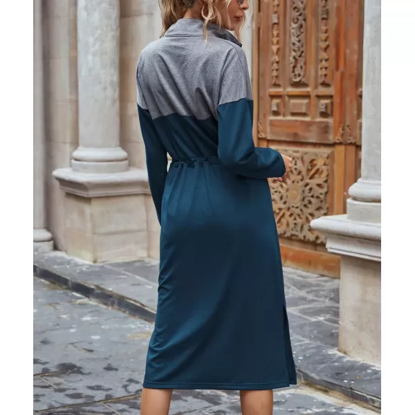 imagechouyatou Womens Half Zip Color Block Drawstring Waist Side Slit Long Sleeve Sweatshirt Long DressNavy Blue