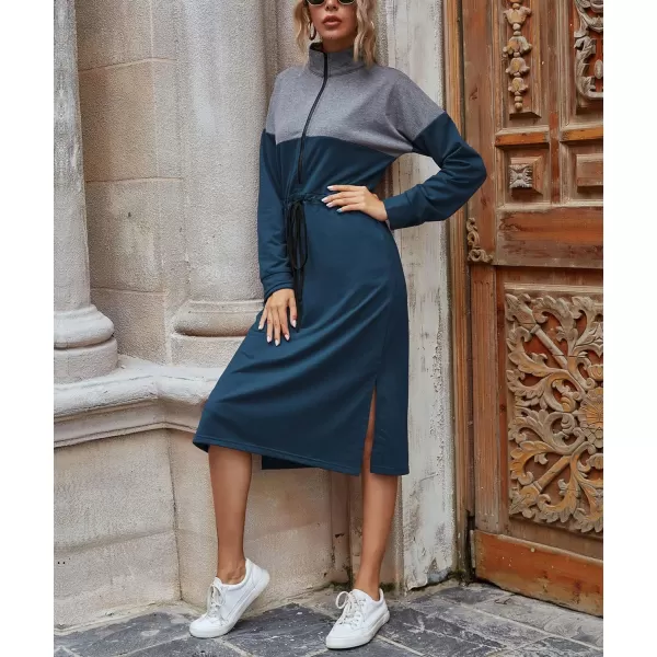 imagechouyatou Womens Half Zip Color Block Drawstring Waist Side Slit Long Sleeve Sweatshirt Long DressNavy Blue