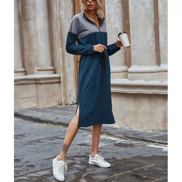 imagechouyatou Womens Half Zip Color Block Drawstring Waist Side Slit Long Sleeve Sweatshirt Long DressNavy Blue