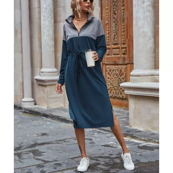 imagechouyatou Womens Half Zip Color Block Drawstring Waist Side Slit Long Sleeve Sweatshirt Long DressNavy Blue