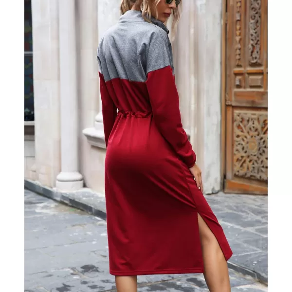 imagechouyatou Womens Half Zip Color Block Drawstring Waist Side Slit Long Sleeve Sweatshirt Long DressWine Red