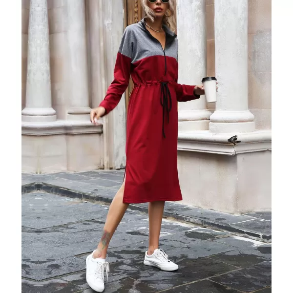 imagechouyatou Womens Half Zip Color Block Drawstring Waist Side Slit Long Sleeve Sweatshirt Long DressWine Red