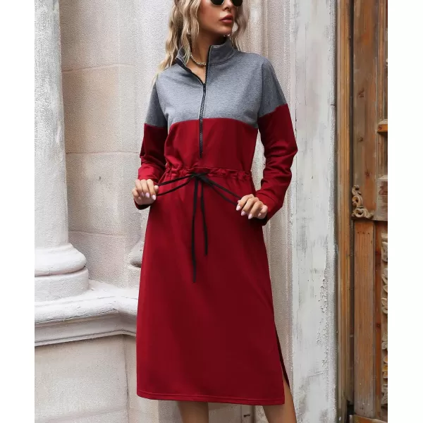 imagechouyatou Womens Half Zip Color Block Drawstring Waist Side Slit Long Sleeve Sweatshirt Long DressWine Red