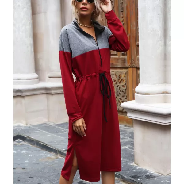 imagechouyatou Womens Half Zip Color Block Drawstring Waist Side Slit Long Sleeve Sweatshirt Long DressWine Red