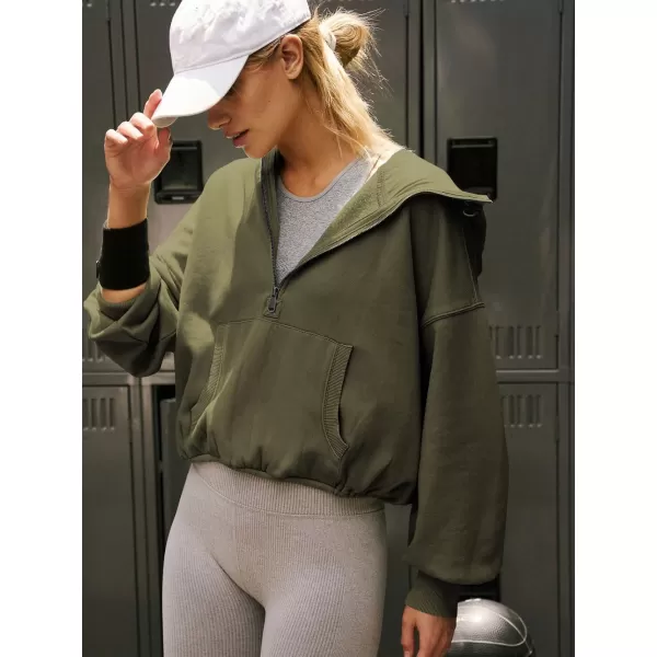 imagechouyatou Womens Half Zip Up Oversized Sweatshirt Boyfriend Casual Long Sleeve Y2K Hoodie TopArmy Green