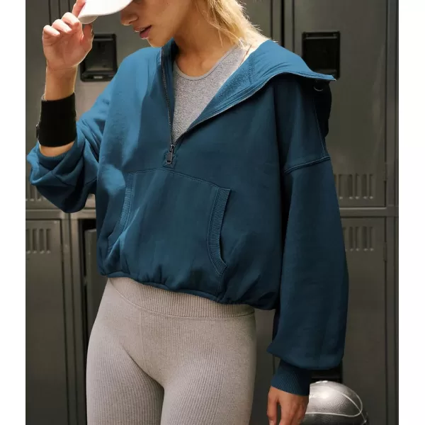 imagechouyatou Womens Half Zip Up Oversized Sweatshirt Boyfriend Casual Long Sleeve Y2K Hoodie TopDark Blue