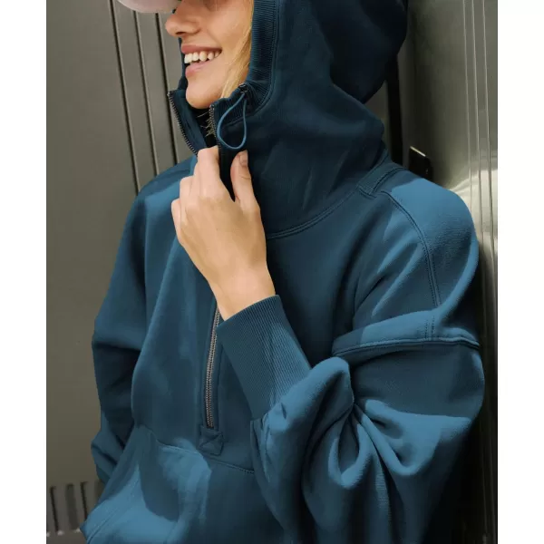 imagechouyatou Womens Half Zip Up Oversized Sweatshirt Boyfriend Casual Long Sleeve Y2K Hoodie TopDark Blue