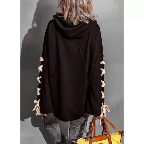 imagechouyatou Womens Oversized Cowl Neck Hooded Long Batwing Sleeve Side Slit Casual Hoodie SweatshirtBlack