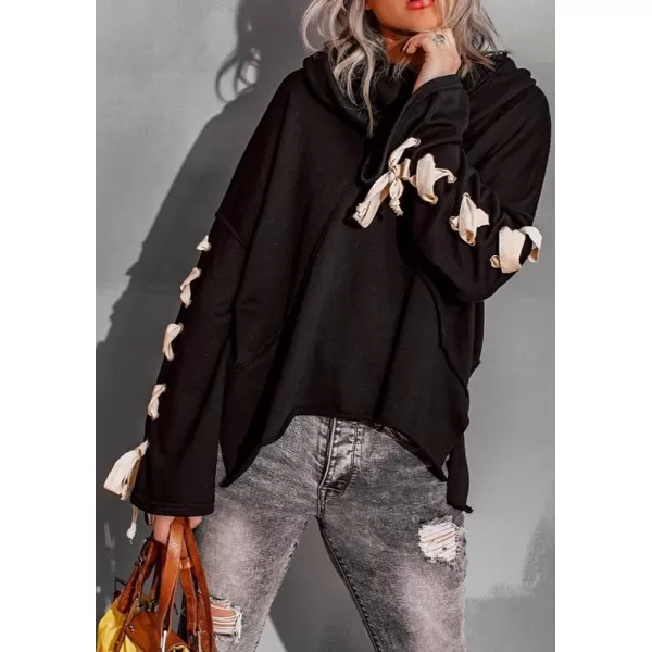 imagechouyatou Womens Oversized Cowl Neck Hooded Long Batwing Sleeve Side Slit Casual Hoodie SweatshirtBlack