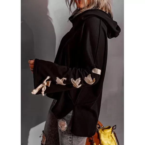 imagechouyatou Womens Oversized Cowl Neck Hooded Long Batwing Sleeve Side Slit Casual Hoodie SweatshirtBlack