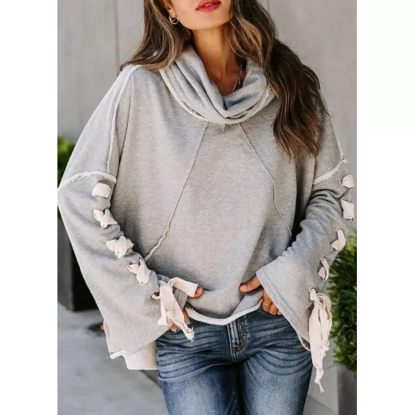 imagechouyatou Womens Oversized Cowl Neck Hooded Long Batwing Sleeve Side Slit Casual Hoodie SweatshirtGrey