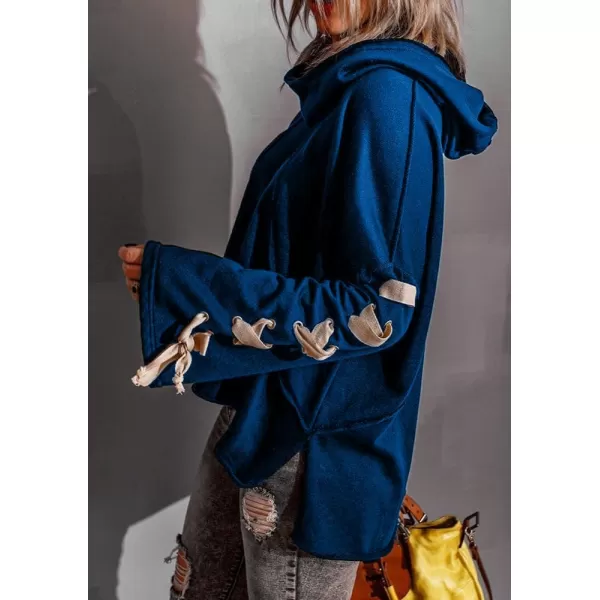 imagechouyatou Womens Oversized Cowl Neck Hooded Long Batwing Sleeve Side Slit Casual Hoodie SweatshirtRoyal Blue
