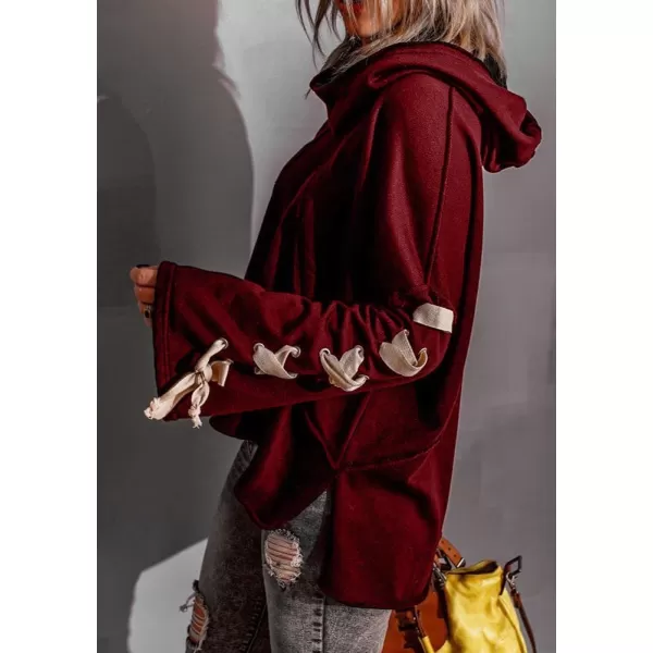 imagechouyatou Womens Oversized Cowl Neck Hooded Long Batwing Sleeve Side Slit Casual Hoodie SweatshirtWine Red