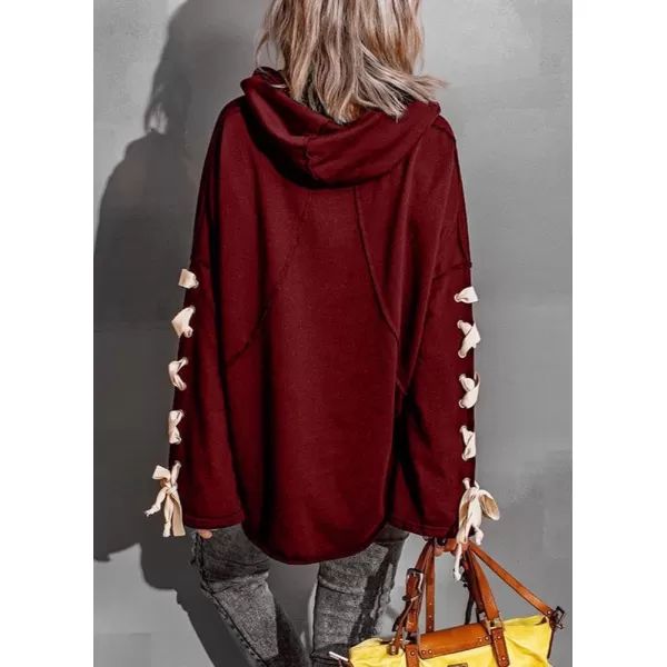 imagechouyatou Womens Oversized Cowl Neck Hooded Long Batwing Sleeve Side Slit Casual Hoodie SweatshirtWine Red