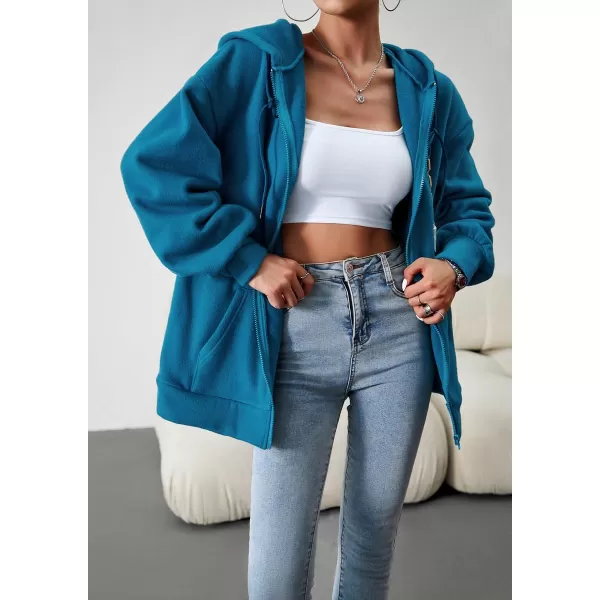 imagechouyatou Womens Oversized Drawstring Sweatshirt Zip Up Fleece Hooded Hoodie Sweatshirt with PocketsBlue