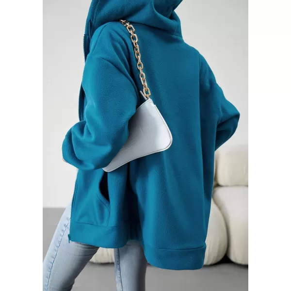imagechouyatou Womens Oversized Drawstring Sweatshirt Zip Up Fleece Hooded Hoodie Sweatshirt with PocketsBlue