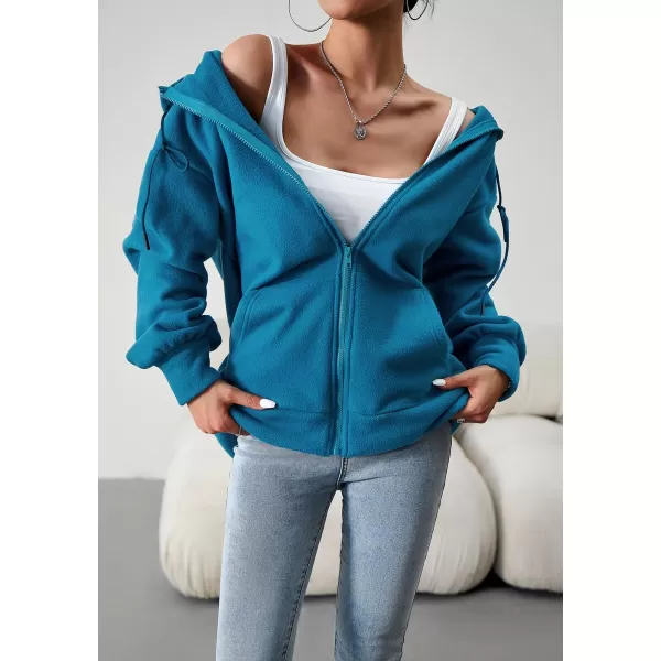 imagechouyatou Womens Oversized Drawstring Sweatshirt Zip Up Fleece Hooded Hoodie Sweatshirt with PocketsBlue