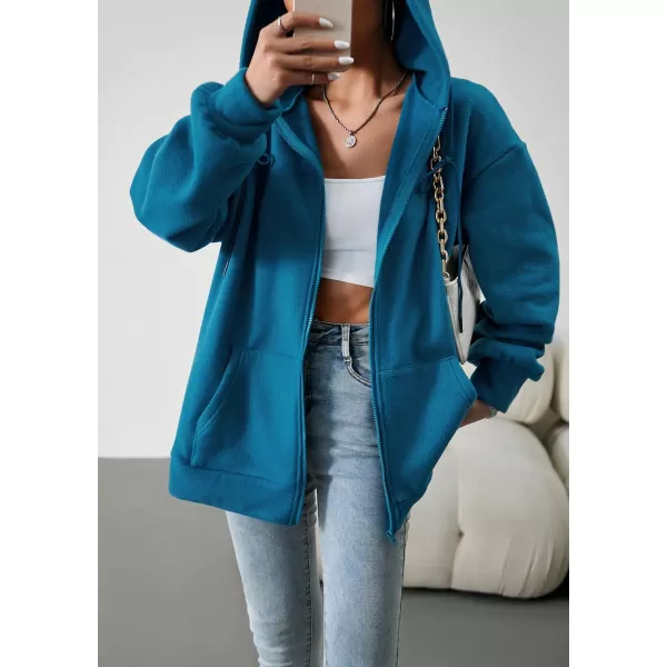 imagechouyatou Womens Oversized Drawstring Sweatshirt Zip Up Fleece Hooded Hoodie Sweatshirt with PocketsBlue