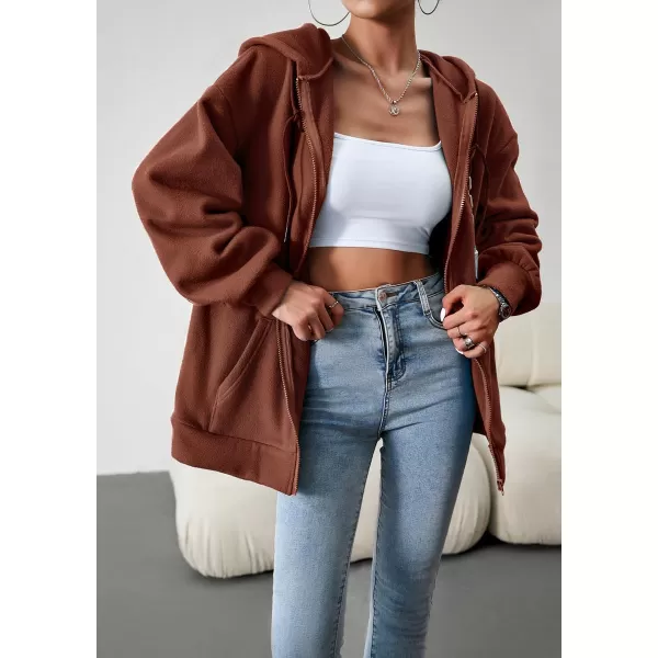 imagechouyatou Womens Oversized Drawstring Sweatshirt Zip Up Fleece Hooded Hoodie Sweatshirt with PocketsBrown