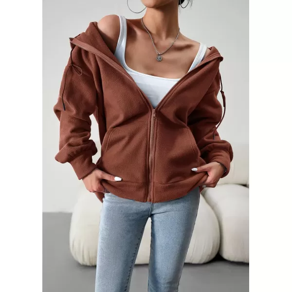 imagechouyatou Womens Oversized Drawstring Sweatshirt Zip Up Fleece Hooded Hoodie Sweatshirt with PocketsBrown