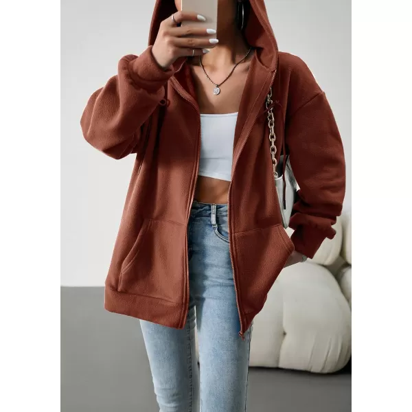 imagechouyatou Womens Oversized Drawstring Sweatshirt Zip Up Fleece Hooded Hoodie Sweatshirt with PocketsBrown
