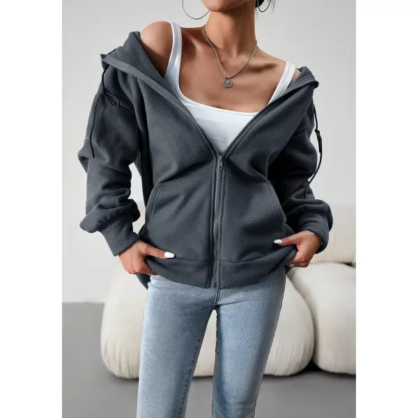 imagechouyatou Womens Oversized Drawstring Sweatshirt Zip Up Fleece Hooded Hoodie Sweatshirt with PocketsGrey