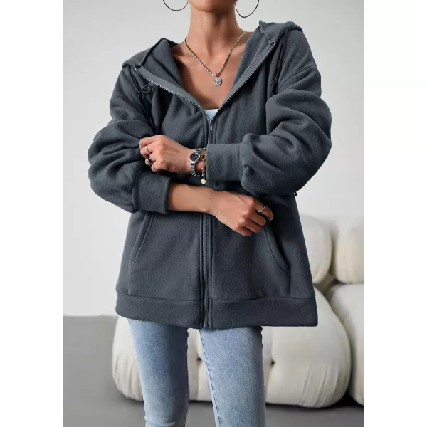 imagechouyatou Womens Oversized Drawstring Sweatshirt Zip Up Fleece Hooded Hoodie Sweatshirt with PocketsGrey