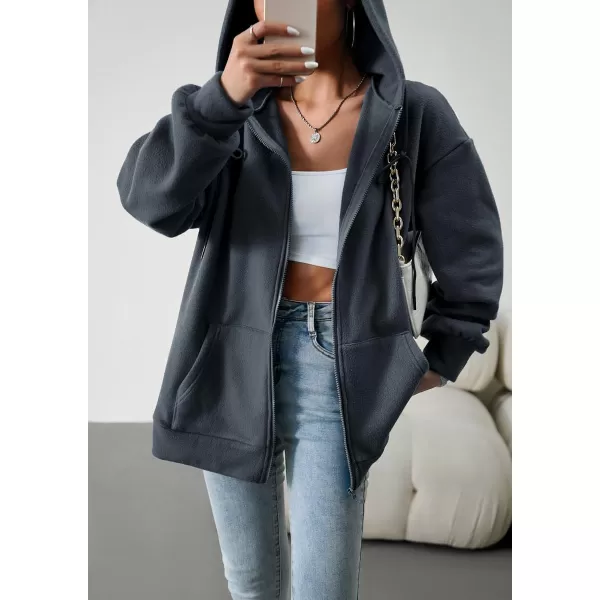 imagechouyatou Womens Oversized Drawstring Sweatshirt Zip Up Fleece Hooded Hoodie Sweatshirt with PocketsGrey