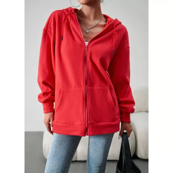 imagechouyatou Womens Oversized Drawstring Sweatshirt Zip Up Fleece Hooded Hoodie Sweatshirt with PocketsRed