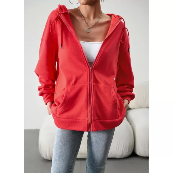 imagechouyatou Womens Oversized Drawstring Sweatshirt Zip Up Fleece Hooded Hoodie Sweatshirt with PocketsRed