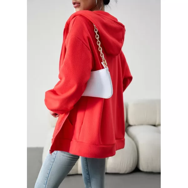 imagechouyatou Womens Oversized Drawstring Sweatshirt Zip Up Fleece Hooded Hoodie Sweatshirt with PocketsRed