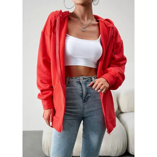 imagechouyatou Womens Oversized Drawstring Sweatshirt Zip Up Fleece Hooded Hoodie Sweatshirt with PocketsRed