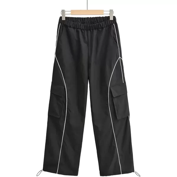 imagechouyatou Womens Parachute Pants Baggy Cargo Pants Streetwear Y2K Wide Leg Track PantsBlack